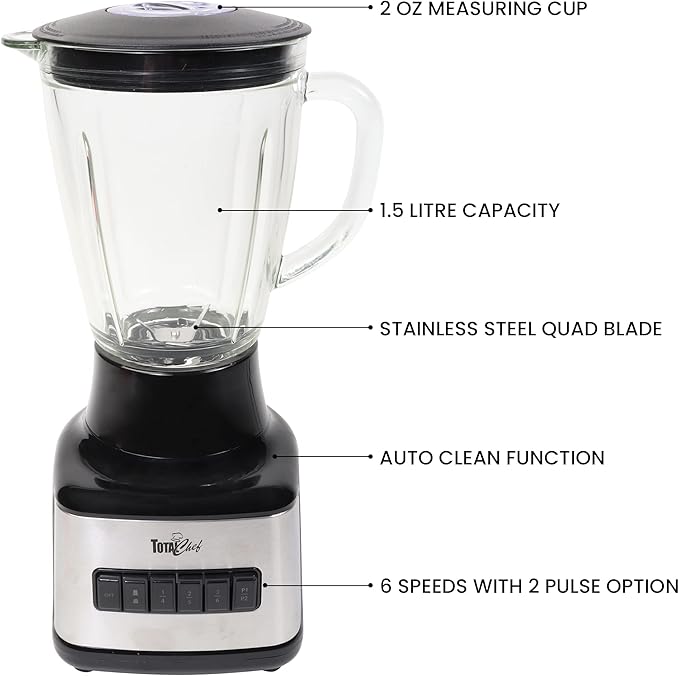 Total Chef Countertop Blender – Electric Mixer for Smoothies Ice Crush &amp Pulse Function Heavy Duty Glass Pitcher licuadora With 6 Speed Kitchen Appliance Dishwasher-Safe Jar Black