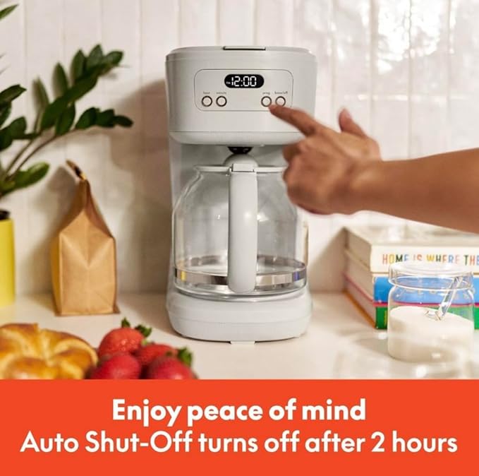 12-Cup Programmable Coffee Maker Oatmilk Color with LCD Display Anti-Drip Spout Glass Carafe One-Touch Operation Dishwasher-Safe Parts