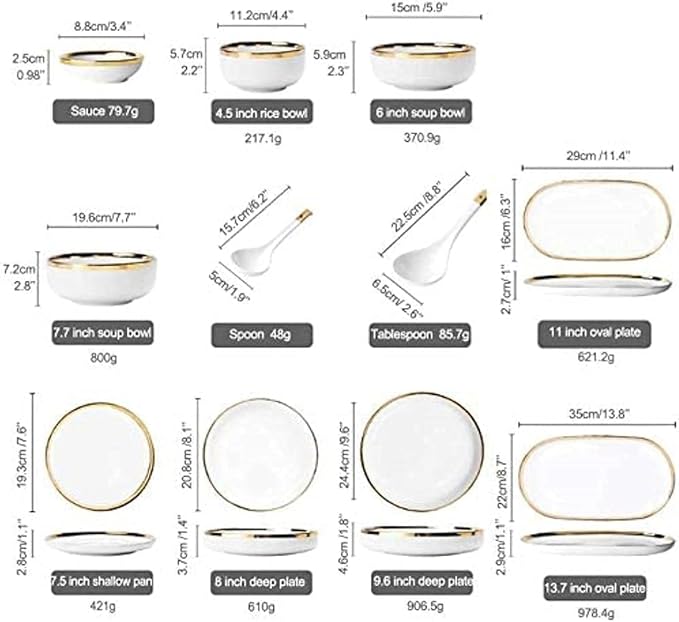 Dinnerware Set Dinner Party Tableware Service Set Dinnerware Sets Service for 2/4/6 Kitchen Plates and Bowls Sets White Luxury Bone China Tableware Nordic Gold Porcela26pcs