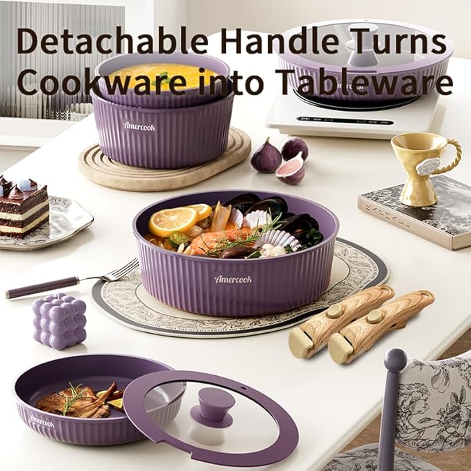 Amercook detachable nesting cookware non-stick versatile pot set kitchen-specific cookware set for home use Twilight Purple nine-piece set