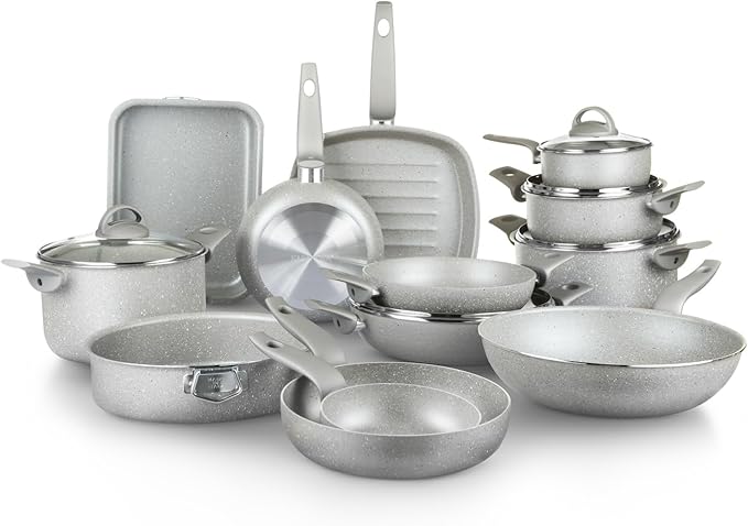 18Pcs Cookware set Made in Italy pots and pans set Nonstick kitchen set Greblon nonstick coating Healthy &amp PFOA/GenX-free Oven-safe baking pans Grey (18 Piece)