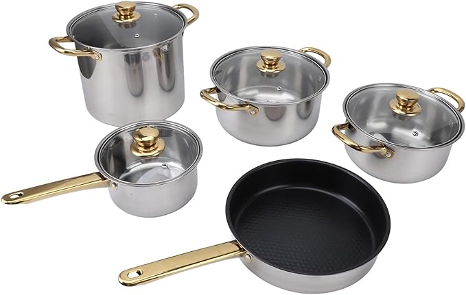 Stainless Steel Pots and Pans Set Ergonomic Golden Handle Multifunctional Cookware Set Kitchen Cooking Pots Glass Lids