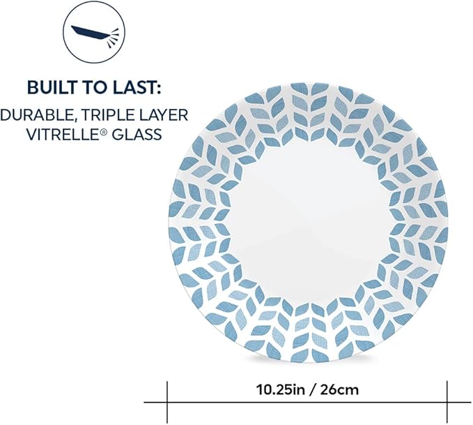 Corelle Global Collection Vitrelle 6-Piece Dinner Plate Set Triple Layer Recycled Glass Lightweight Eco-Friendly Round 10-1/4-Inch Plates Set Northern Pines