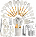 Kaluns 50 PCS Silicone Kitchen Utensils Set Complete Kitchen Set - 800°F Heat Resistant Non-Stick Premium Cooking Utensils W Wooden Handles - Can Opener Masher Turner Silicone Spatula Set
