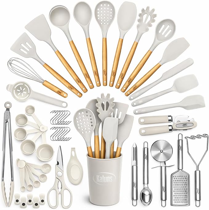 Kaluns 50 PCS Silicone Kitchen Utensils Set Complete Kitchen Set - 800°F Heat Resistant Non-Stick Premium Cooking Utensils W Wooden Handles - Can Opener Masher Turner Silicone Spatula Set