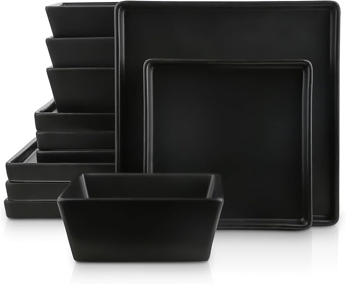 Stone Lain Grace Square Stoneware Dinnerware Set 12 Piece Service For 4 Plates and Bowls Dish Set Black