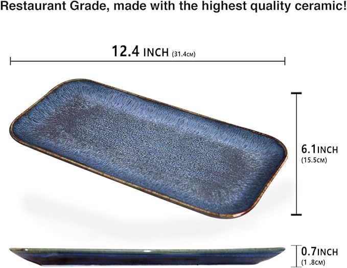 Ceramic Dinner Plates Dish SetSet of 4 for Lunch snacks - Microwave Oven &amp Dishwasher SafeScratch Resistant Dinnerware Kitchen Porcelain Serving DishesBlue 12.4 Inch Rectangle plate