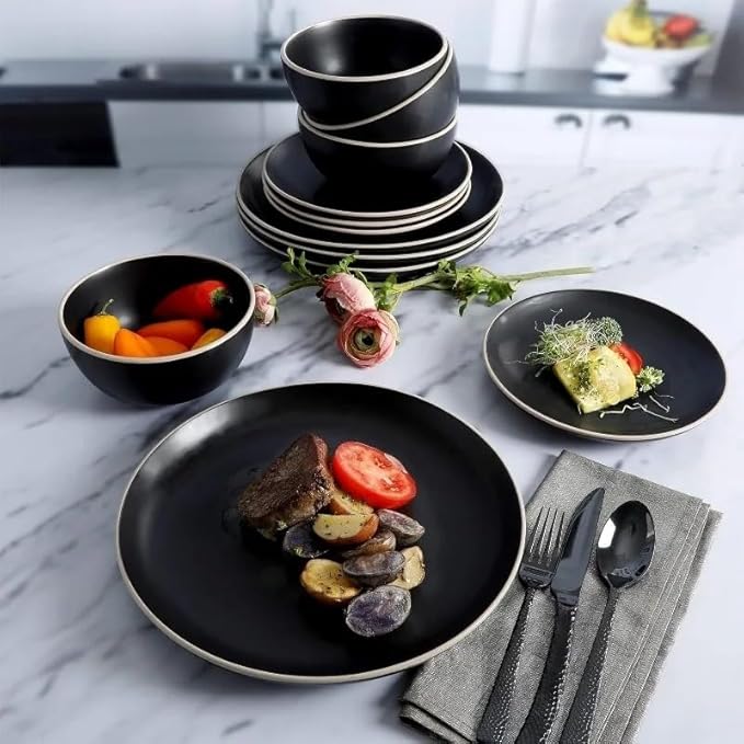 12pcs Dinner Set Plates and Dishes Home Round Stoneware Dinnerware Sets Service for 4