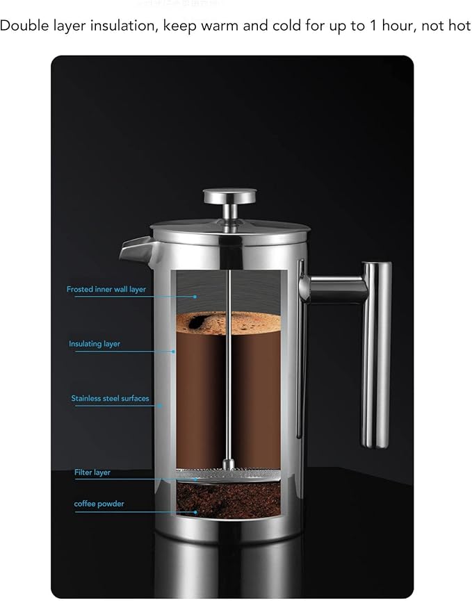 French Press Stainless Steel Coffee Maker Double Layer Insulation Coffee Press for Home Outdoor Camping Travel Nice Gift for Coffee Lover(1000ML)