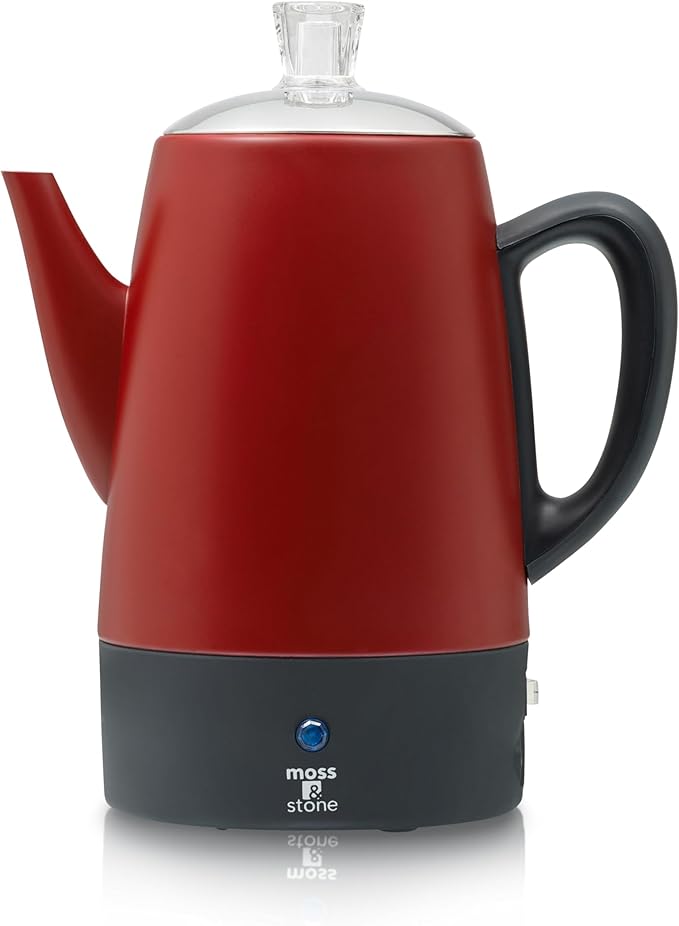 Moss &amp Stone Electric Coffee Percolator – Red Body Coffee Maker with Stainless Steel Lid Percolator Electric Pot Fast Boil 10 Cup Red Camping Coffee Pot