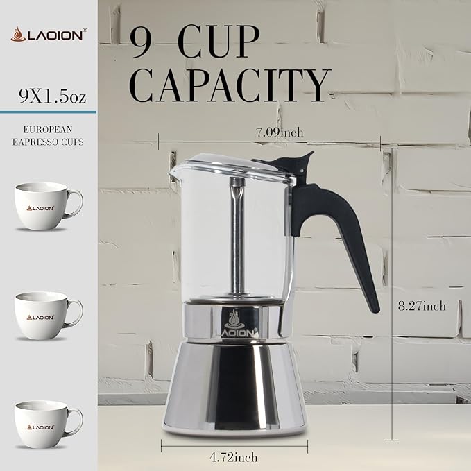 Stovetop Espresso Maker 9Cup 360ml Moka Pot Crystal Glass-top &amp Stainless Steel Coffee Maker Mocha Pot Greca De Cafe Cuban and Italian Coffee Maker for Cafetera Cubana