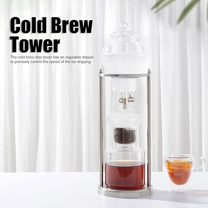 600ml Ice Cold Brew Dripper Coffee MakerCold Brew Drip TowerReusable Glass Cold Brew Maker Filtering Transparent Stainless Steel Stand DIY Ice Coffee Brew Tower