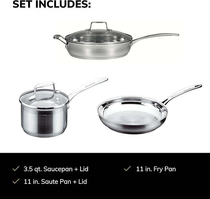 SCANPAN Impact 5-Piece Cookware Set - Includes 3 Total Pieces + 2 Lids - Made of Durable 18/10 Stainless Steel - Dishwasher &amp Oven Safe