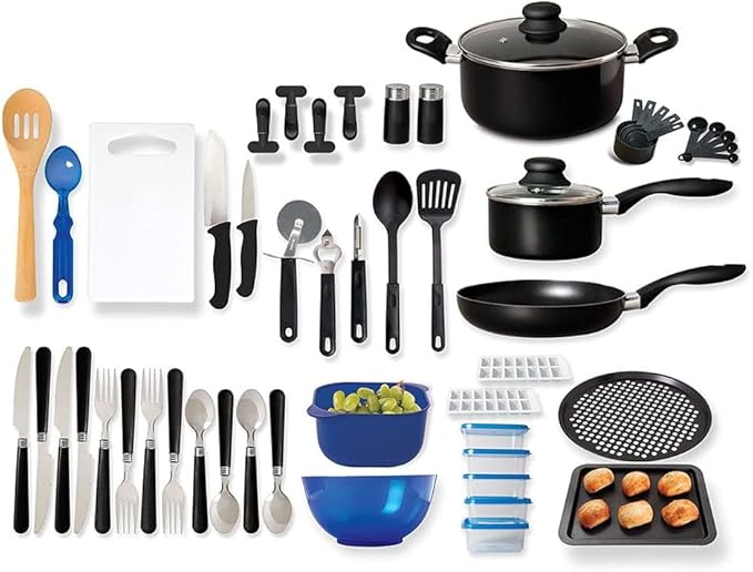 Total Kitchen 59 Piece Combo Set – Complete Cookware Bakeware Utensils and Storage Essentials for First Apartments Dorms and RVs