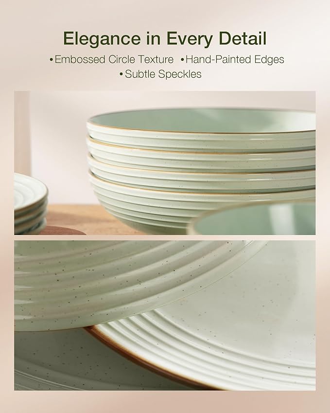 Famiware Jupiter Stoneware Dinnerware Sets for 4 (16-Piece) Handcrafted Dishes Set with Embossed Swirl &amp Speckles Green - Includes Scratch Resistant Pasta Bowl &amp Dinner Plate for Daily &amp
