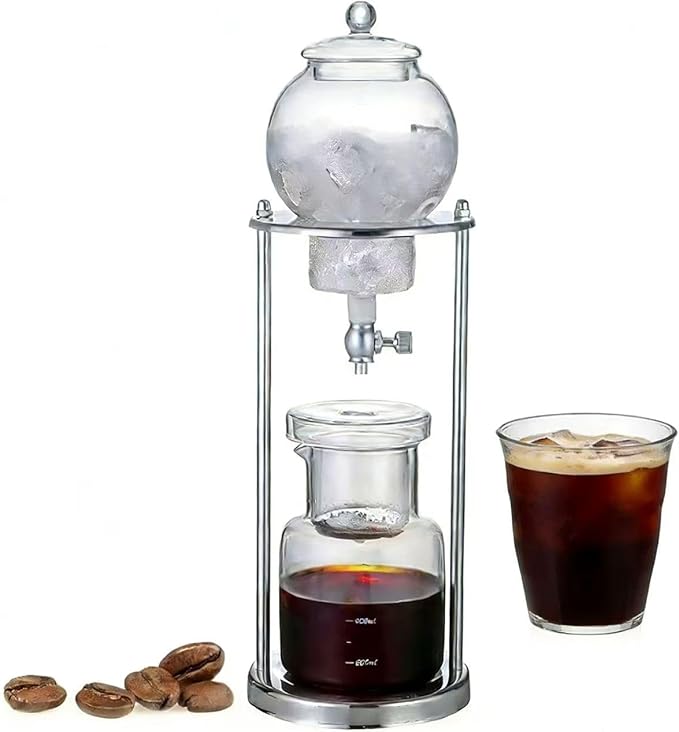Cold Brew Drip Tower Ice Drip Coffee Maker 600ml/20.29oz Capacity Cold Brew Drip Tower Coffee Maker with Stainless Steel Frame DIY Ice Coffee Brew Tower for Coffee and Tea(Silver)