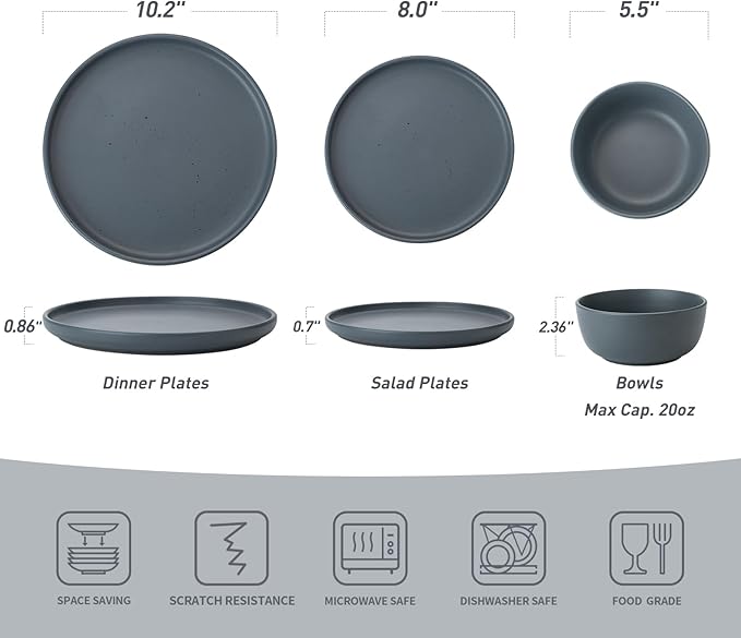 Famiware Dawn Plates and Bowls Sets 12 Pieces Stoneware Dinnerware Sets Dishes Set for 4 Microwave and Dishwasher Safe Speckled Charcoal