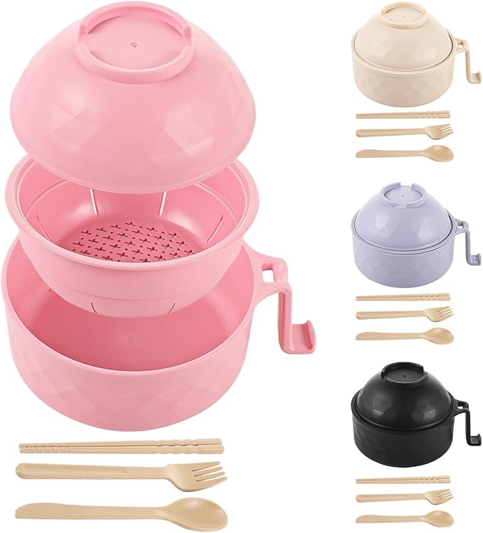 4-Piece Microwave Noodle Cooker Set with Lid Handle and 1200 Ml Bowl 4 Color Options Chopsticks Fork Spoon for Home and Travel