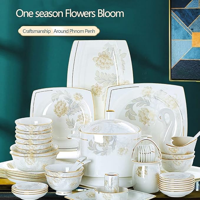 Dinnerware Sets - Luxury Gift Dishes Service Set 355660PCS Ceramic Dinnerware Set Bone China Tableware Dishes Plates Ceramic Combination Dinner Service Set Porcelaine Service for 10(56 Pieces)