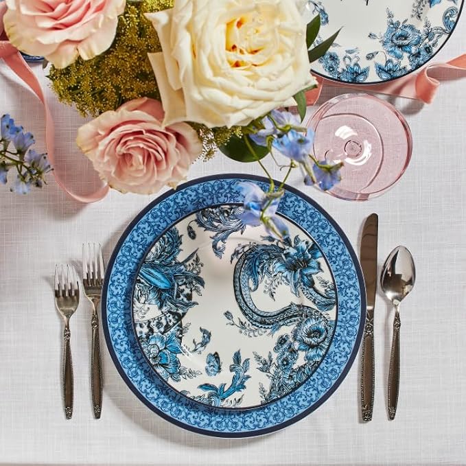 Marchesa Monarcha 12-Piece Dinnerware Set Porcelain Plates and Bowls Set Dishwasher and Microwave Safe Dish Set for 4 Blue