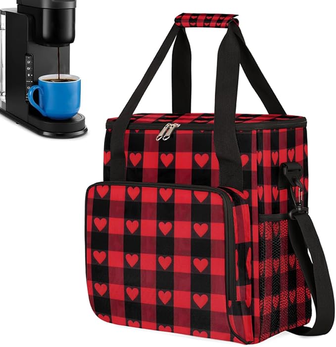 Valentine Heart Striped Plaid Coffee Maker Carrying Bag Coffee Machine Travel Storage Bag Compatible with K-Mini or K-Mini Plus Portable Single Serve Coffees Brewer Case with Pockets for K-Cup Pods