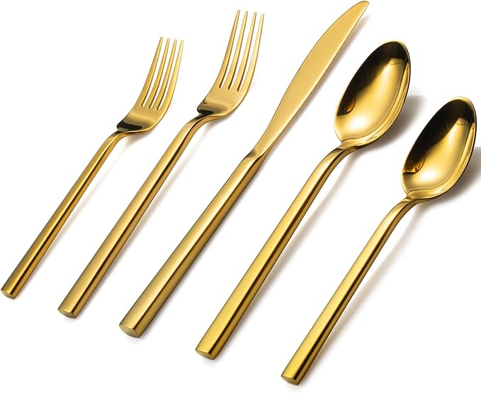 Alata Cube Gold 20-Piece Flatware Set Forged Cutlery Set Mirror Finish Silverware Service for 4 Stainless Steel Tableware with Square Handle for Home/Restaurant Dishwasher Safe