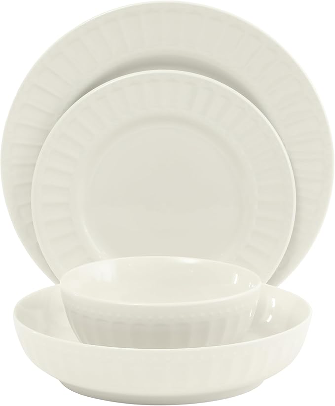Gibson Home Melbourne White Plates and Bowls Set 16 Piece Embossed Ceramic Dinnerware Set - Service for 4 Dishes - With Pasta Bowl
