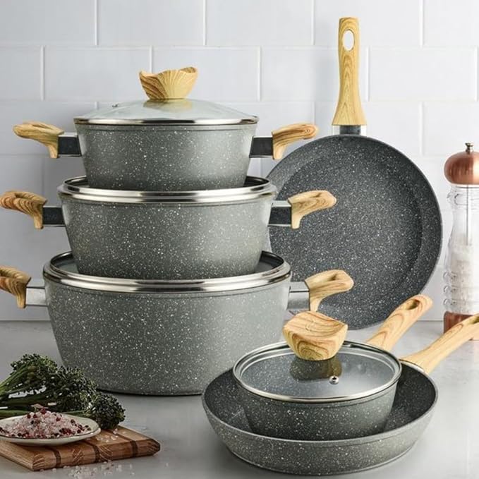 6-Piece Non-Stick Saucepan with Glass Lids and Frying Pan Set Durable and Easy to Clean Suitable for All Stovetops (Grey)