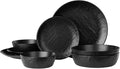 Navaris Linen Artisan Stoneware Dinnerware Set (8 Pieces) - Charcoal Black Dishes for 2 with Dinner Plates Side Plates Pasta Bowls Soup Bowls - Dishwasher and Microwave Safe