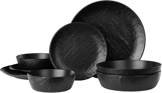 Navaris Linen Artisan Stoneware Dinnerware Set (8 Pieces) - Charcoal Black Dishes for 2 with Dinner Plates Side Plates Pasta Bowls Soup Bowls - Dishwasher and Microwave Safe