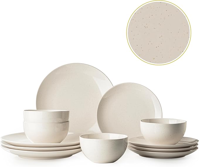 Plates and Bowls Sets 12 Pieces Modern Stoneware Dinnerware Set for 4 Kitchen Dinner Set Ceramic Dishware Dishes Set Microwave and Dishwasher Safe (White)