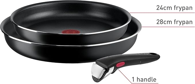 Tefal Ingenio Easy ON 3 Piece Non-Stick Pan Set 24&amp28 cm Frying Pans Bakelite Handle Easy Cleaning Heat Indicator All Hobs Compatible Except Induction Black L1599302