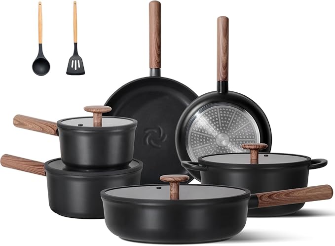 JEETEE Ceramic Cookware Sets 17 pcs Healthy Pots and Pans Set Non Stick Induction Kitchen Cooking Set with Removable Handles Stackable Pots Pans Oven Safe PFOA/PFOS Free Black