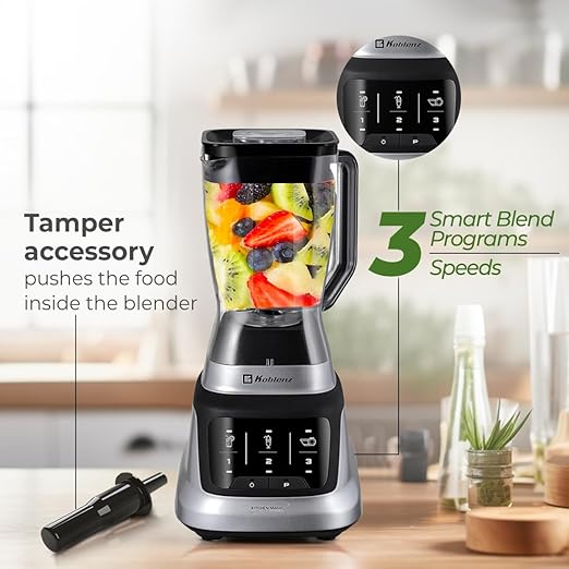 Koblenz Professional Countertop Blender 1200W Stainless Steel 3 Smart Programs Touch Screen Pulse 68 oz Jar Ultra-Quiet Black/Chrome LKM-9406