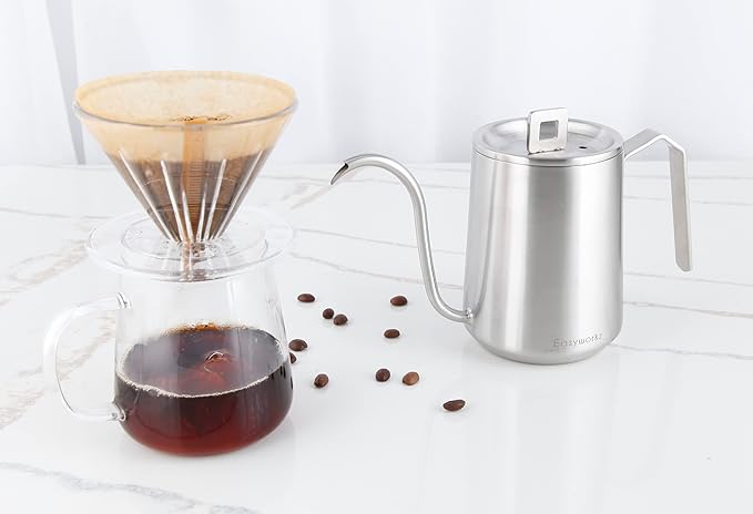 Easyworkz Gooseneck Pour Over Coffee Kettle 20 oz Stainless Steel Hand Drip Coffee Pot With Long Narrow Spout Brushed Silver