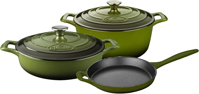 La Cuisine Piece Enameled Cast Iron 5 pc Set Pro Range 3.75QT Saute 6.5QT Round w/lid 10 Fry Pan-Green Olive (LC2650MB)