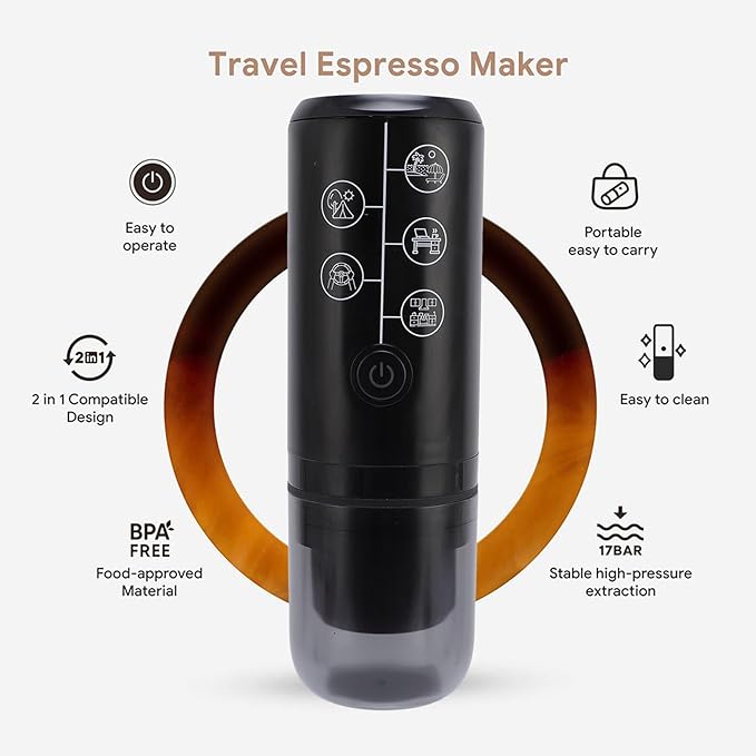 Asixxsix Portable Coffee Maker 17Bar Pressure Electric Coffee Machine with Powder and Capsules Compartment 2600mAh Rechargeable Espresso Machine for Outdoor Travel Office Car Camping