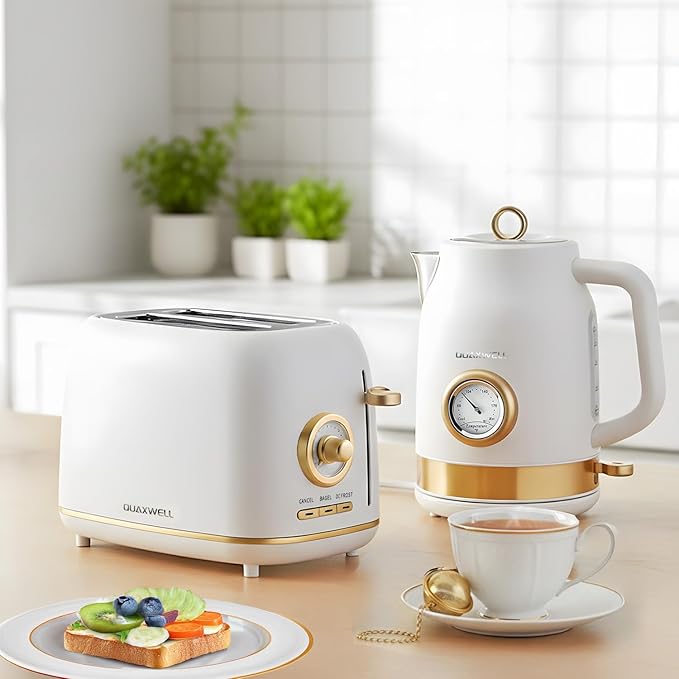 2-Slice Toaster Wide Slots 7 Bread Shade Settings Stainless Steel Bagel Cancel and Defrost Functions Removable Crumb Tray Retro Style ToasterMatte White and Gold