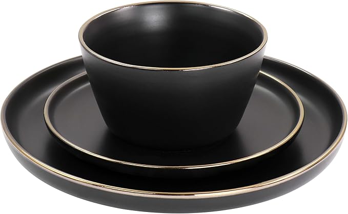 Elama Paul 16 Piece Stoneware Dinnerware Set in Matt Black with Gold Rim Matte Black 16 Piece Set (Arthur Paul Louis Set)