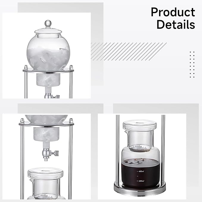17.7 in Cold Brew Dripping Coffee Maker 600 Ml Stainless Steel and Glass Iced Tea Brewer