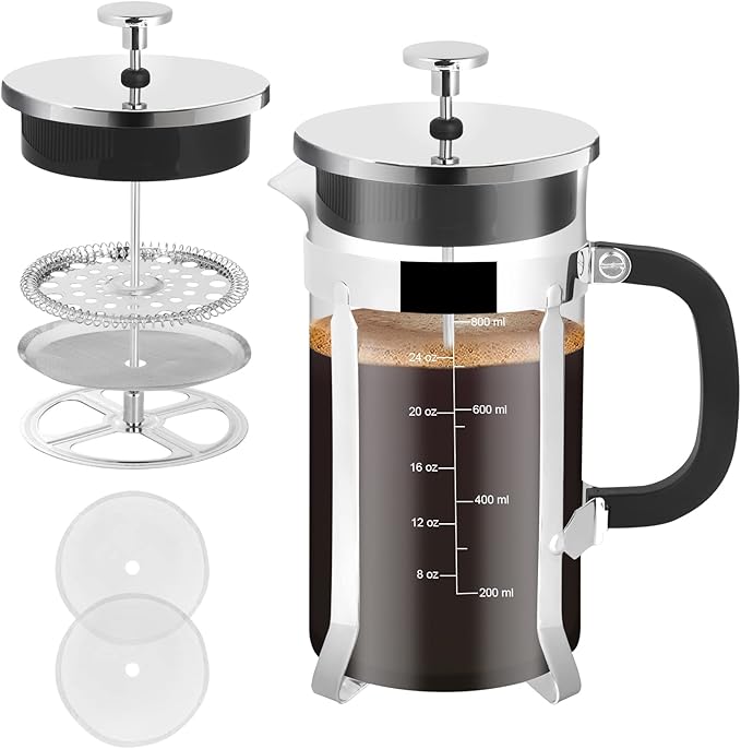 French Press Coffee Maker34oz 304 Stainless Steel with 2 Filter Heat Resistant Durable Easy to Clean Borosilicate Glass Press BPA Free Glass TeaPot-34 Ounce 1 Liter (Chrome)