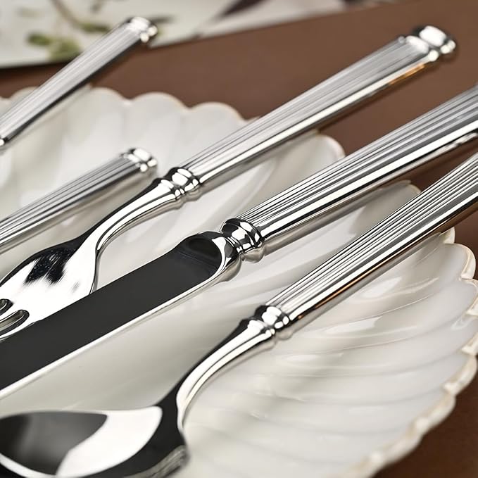Gold Silverware Set for 6 Flatware Set 24 Pieces Luxury Tableware Set Roman Column Handle Knives and Forks spoons 18/10 Stainless Steel Cutlery Utensil Sets for Home Restaurant Dishwasher Safe