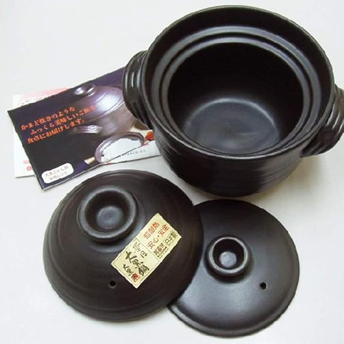 Clay Rice PotJapanese Rice Cooker with Double LidRound Ceramic CasseroleHeat Resistant Glazed Earthenware PotSlow Stew PotStockpotHot Pot Black 0.9l (Black 2.3L)