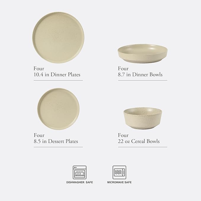Gibson Elite Overbrook 16-Piece Pottery Clay Stoneware Dinnerware Set – White Reactive Glaze Stackable Plates and Bowls w/Pasta Bowl Service for 4 – Microwave &amp Dishwasher Safe