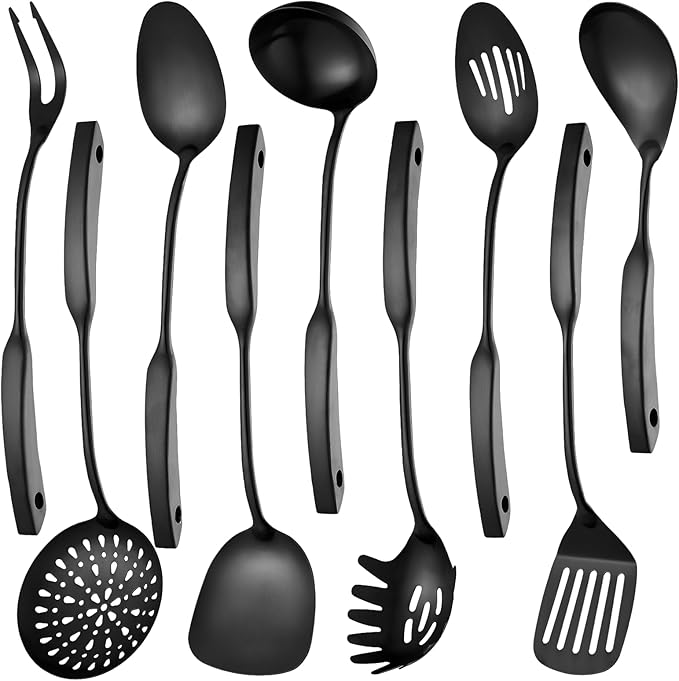 9PCS Silverware Set for 304 Stainless Steel Kitchen Utensils Set Cooking Utensil Set 15 Inches All Metal Cooking Tools Wok Kitchen Cookware Set with Spatula Useful Pots and Pans Accessories