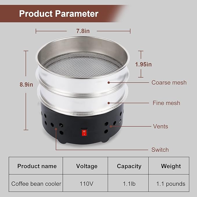 WISSXOER Coffee Bean cooler Electric Coffee Roasting Cooling Machine High Capacity 550G Double layer Collect Coffee Chaff (500g Black)