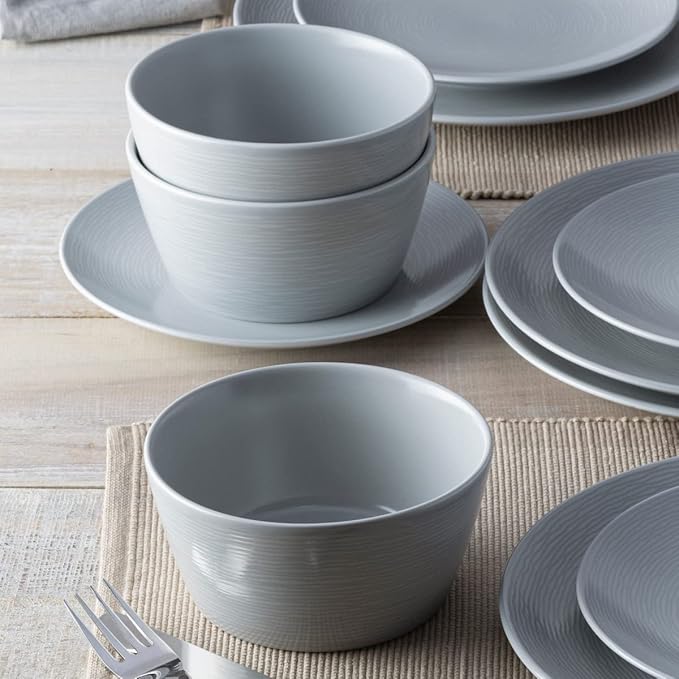 Noritake Colorscapes Grey-on-Grey Swirl 12-Piece Coupe Dinnerware Set Service for 4