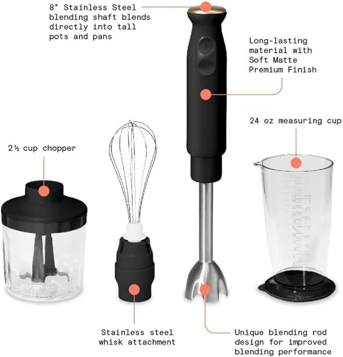Cordless Hand Blender with 2-Cup Chopper Whisk &amp Large Measuring Cup Perfect for Cooking Smoothies Sauces Purees and Meal Prep (Black Sesame)