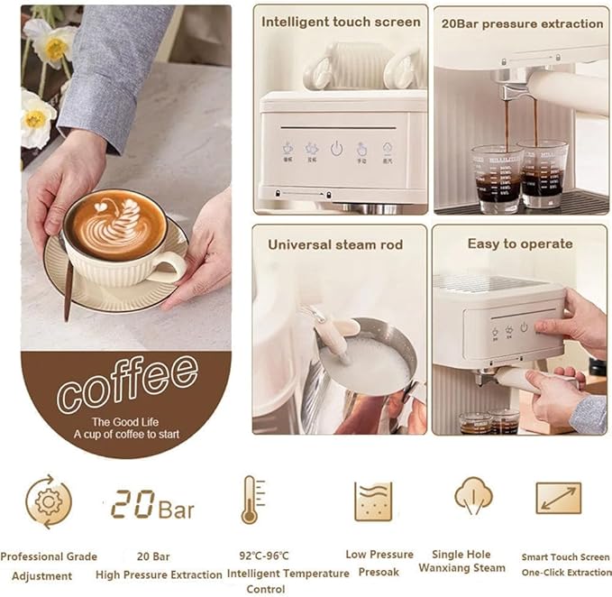 Espresso Machine 20 Bar Semi Automatic Coffee Makers With Milk Frother Steam Wand Touch Screen 60 Oz Water Tank Coffee Machine For Home Latte Machine Gifts For Coffee LoverMilkyWhite