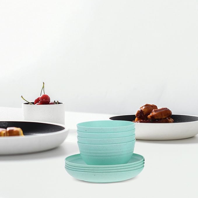 12pcs Wheat Straw Dinnerware Set with Plates and Bowls Microwave Safe Lightweight Reusable Eco-Friendly Tableware for Camping and Outdoor Use (Green)